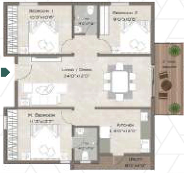 3 BHK 1450 Sq Ft Floor Plan